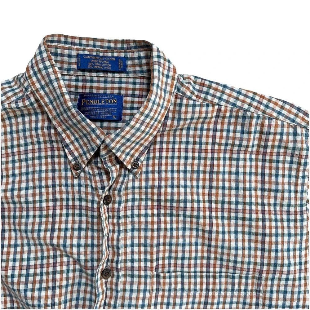 Pendleton Shirt Men L Merino Wool Pima Cotton Plaid Canterbury Cloth Button Down - Picture 2 of 8
